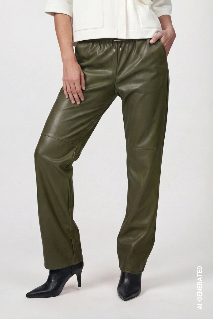 Monari Γυναικείο Παντελόνι Λαδί Wide Leg Με Ελαστική Μέση Και Κορδόνι Από Οικολογικό Δέρμα Για Smart Casual Εμφανίσεις