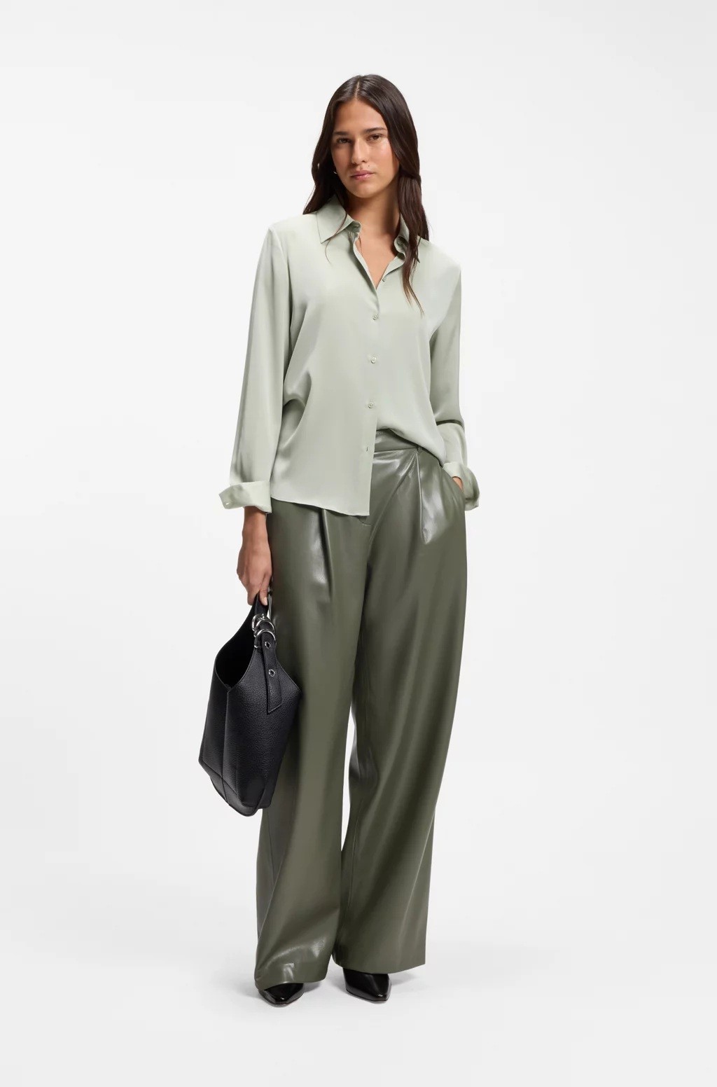 Boss Boss Γυναικείο Παντελόνι Μονόχρωμο Wide Leg Από Οικολογικό Δέρμα Για Business & Formal Εμφανίσεις