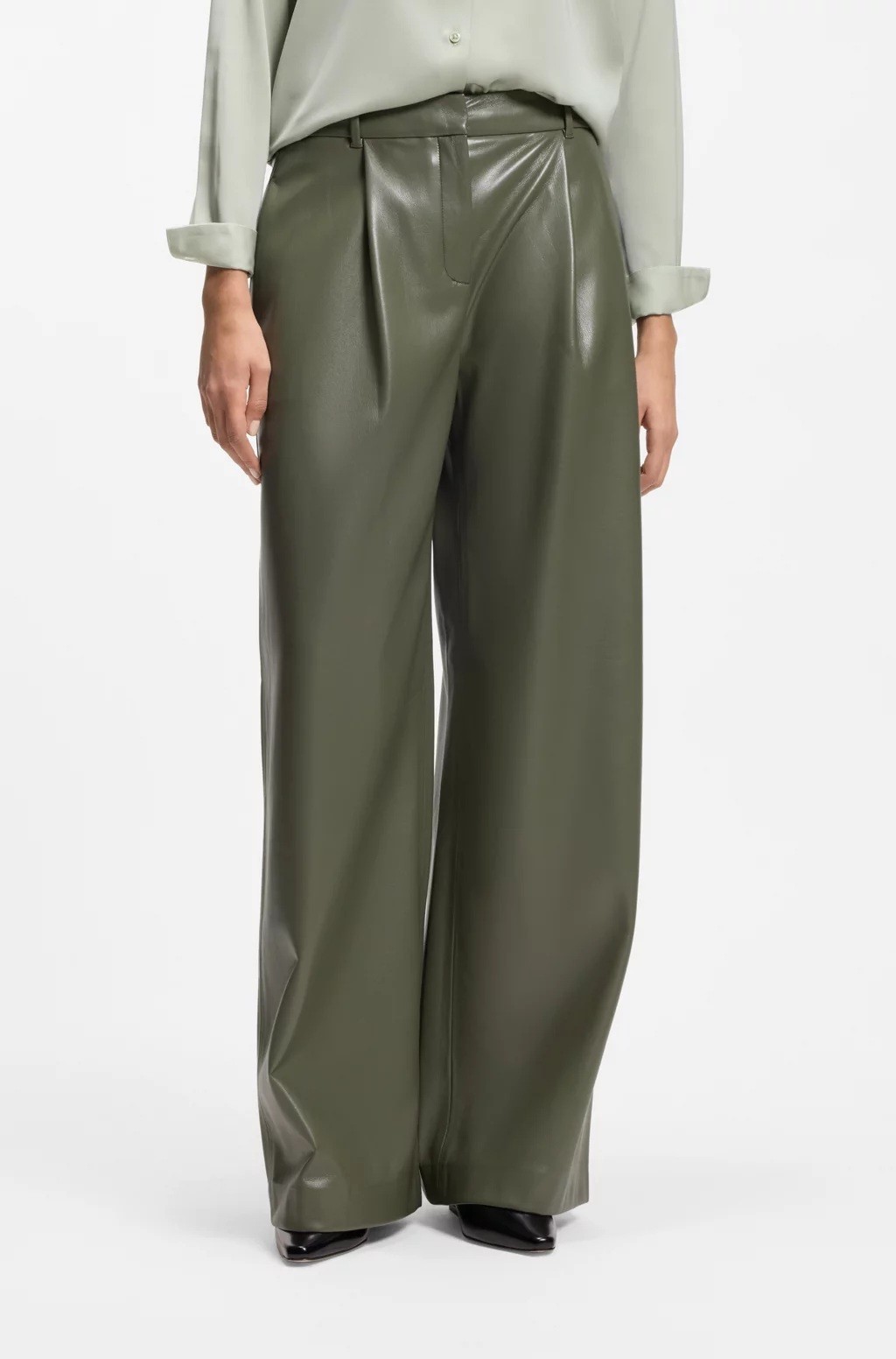 Boss Boss Γυναικείο Παντελόνι Μονόχρωμο Wide Leg Από Οικολογικό Δέρμα Για Business & Formal Εμφανίσεις - 2