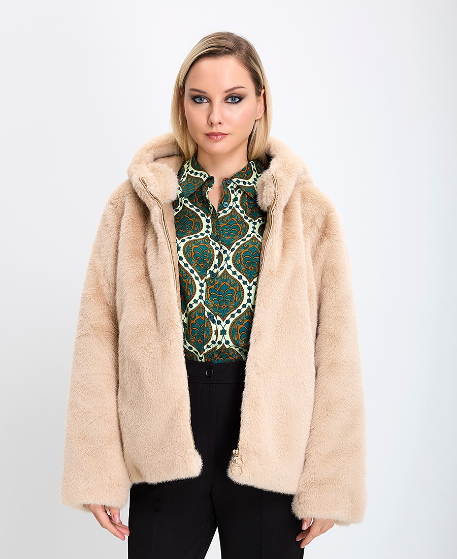 In Linea Firenze Γυναικείο Γούνινο Μπουφάν Regular Fit με Κουκούλα