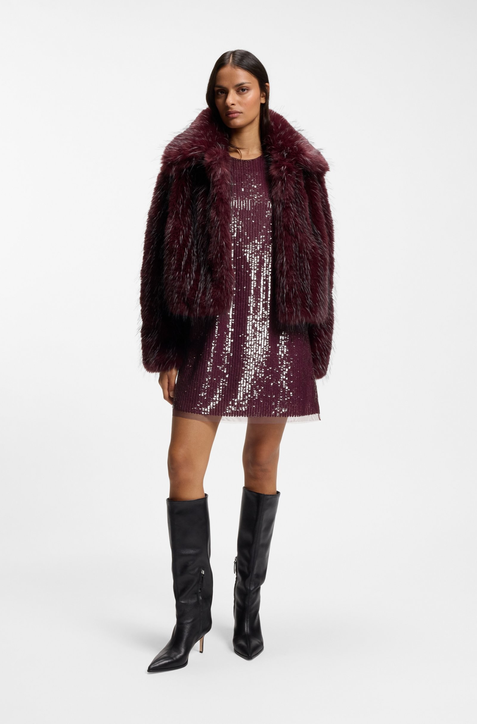 Boss Γυναικεία Γούνα Faux Fur Με Δίχρωμη Υφή Relaxed Fit Για Βραδινές Statement Εμφανίσεις