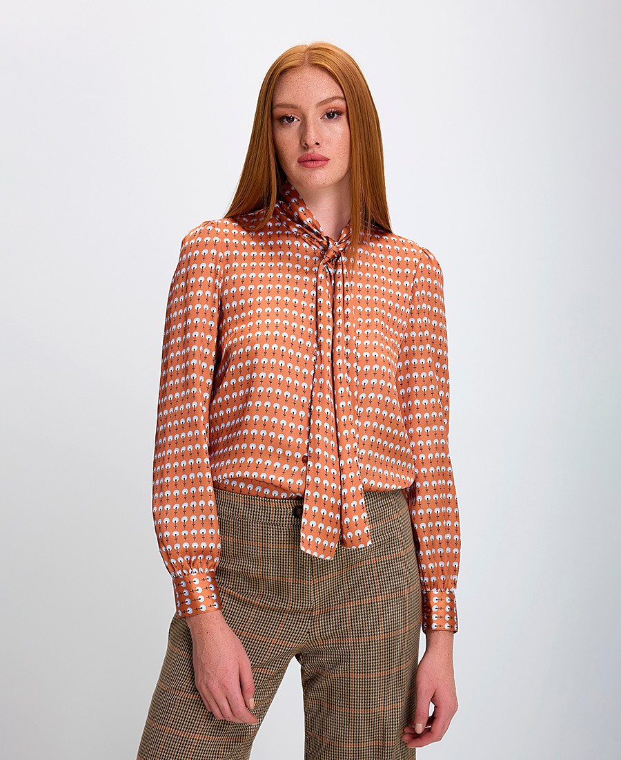 Diana D Γυναικείο Πουκάμισο με Δέσιμο στο Λαιμό και Εμπριμέ Μοτίβο σε Πορτοκαλί