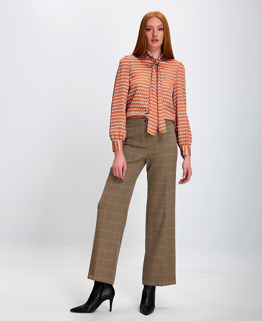 Γυναικείο Πουκάμισο με Δέσιμο στο Λαιμό και Εμπριμέ Μοτίβο σε Πορτοκαλί φωτογραφία