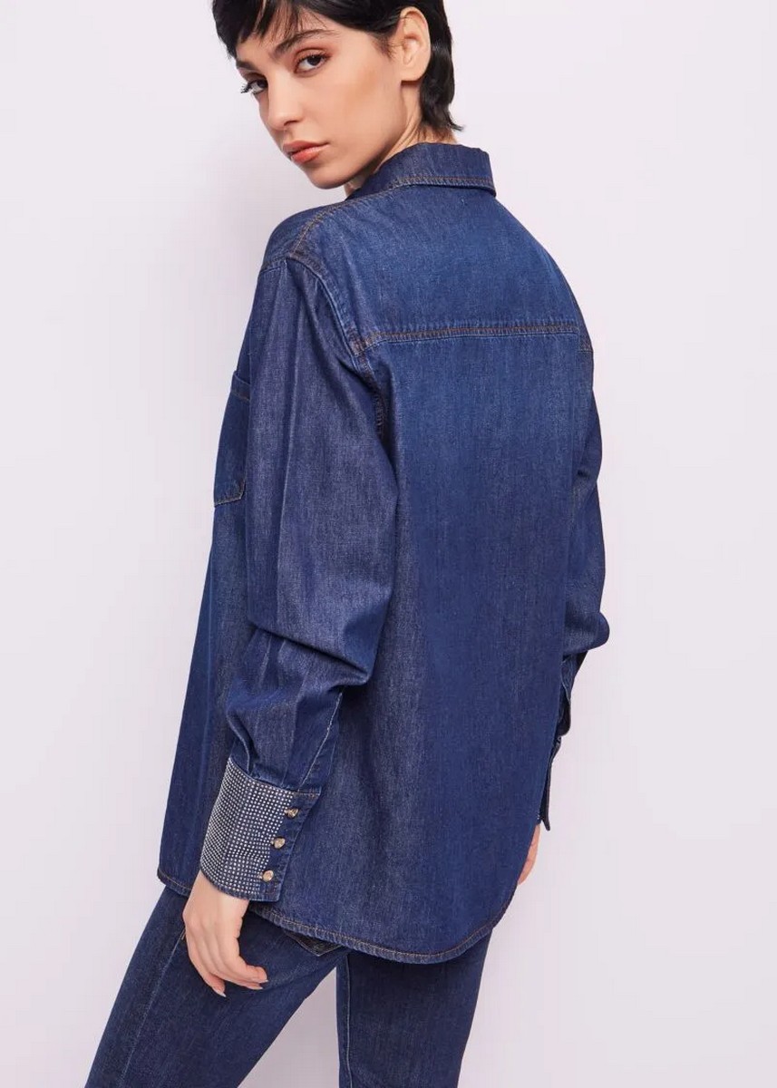Gaudi Γυναικείο Denim Πουκάμισο Oversized Fit με Στρας σε Μπλε φωτογραφία