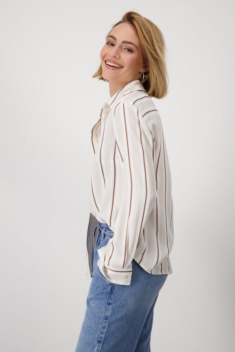 Monari Γυναικείο Σατέν Πουκάμισο Regular Fit με Ρίγες "Creamy Beige Patented" φωτογραφία