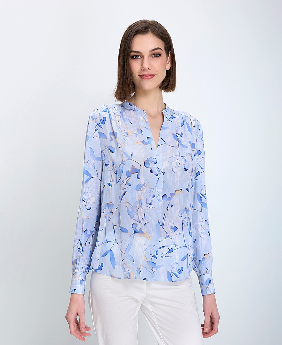 Boss Γυναικείο Πουκάμισο Regular Fit Μεταξωτό Με Λουλουδάτο Μοτίβο Μπλε