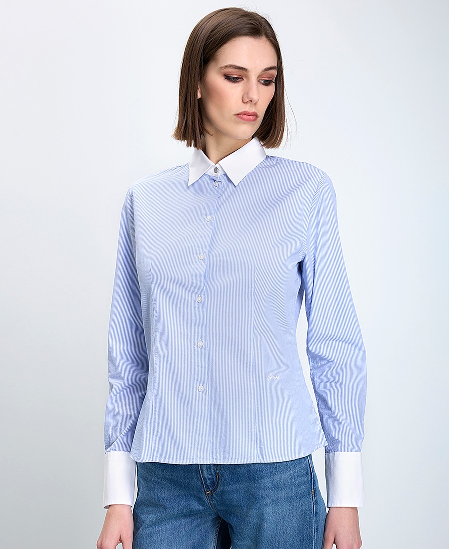 Boss Γυναικείο Πουκάμισο Κανονική Γραμμή Βαμβακερό Με Διχρωμία Μπλε