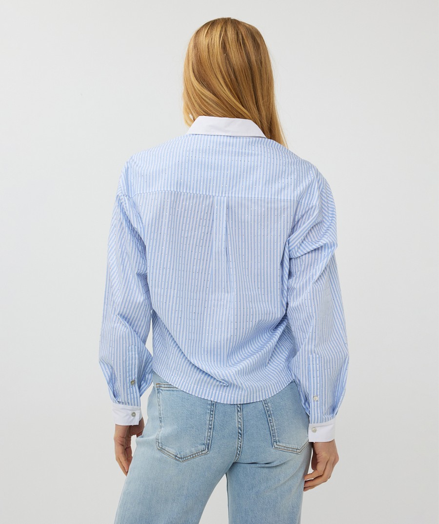 EsQualo Γυναικείο Πουκάμισο Ριγέ με Στρας Loose Fit σε Σιέλ/Λευκό φωτογραφία