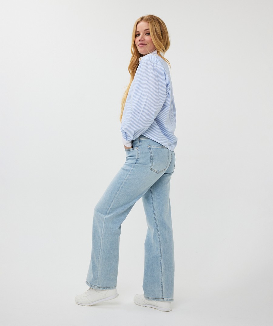 EsQualo Γυναικείο Πουκάμισο Ριγέ με Στρας Loose Fit σε Σιέλ/Λευκό φωτογραφία