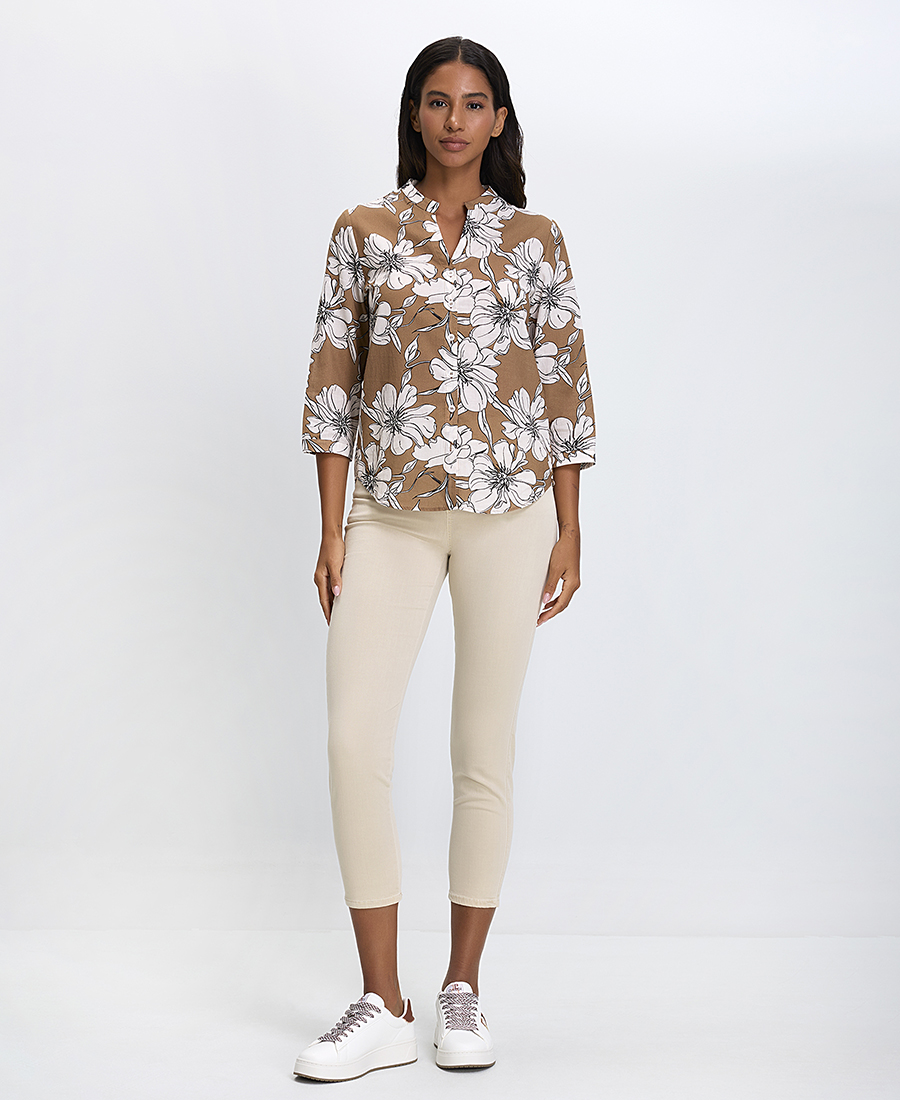 Γυναικείο Πουκάμισο Regular Fit Βαμβακερό Με Floral Σχέδιο Καφέ