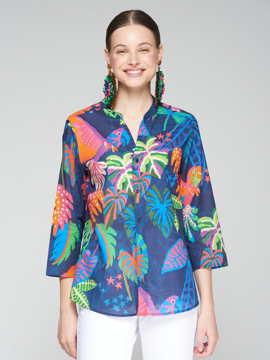 Vilagallo Vilagallo Γυναικείο Πουκάμισο Βαμβακερό με Jungle Print Regular Fit σε Μπλε