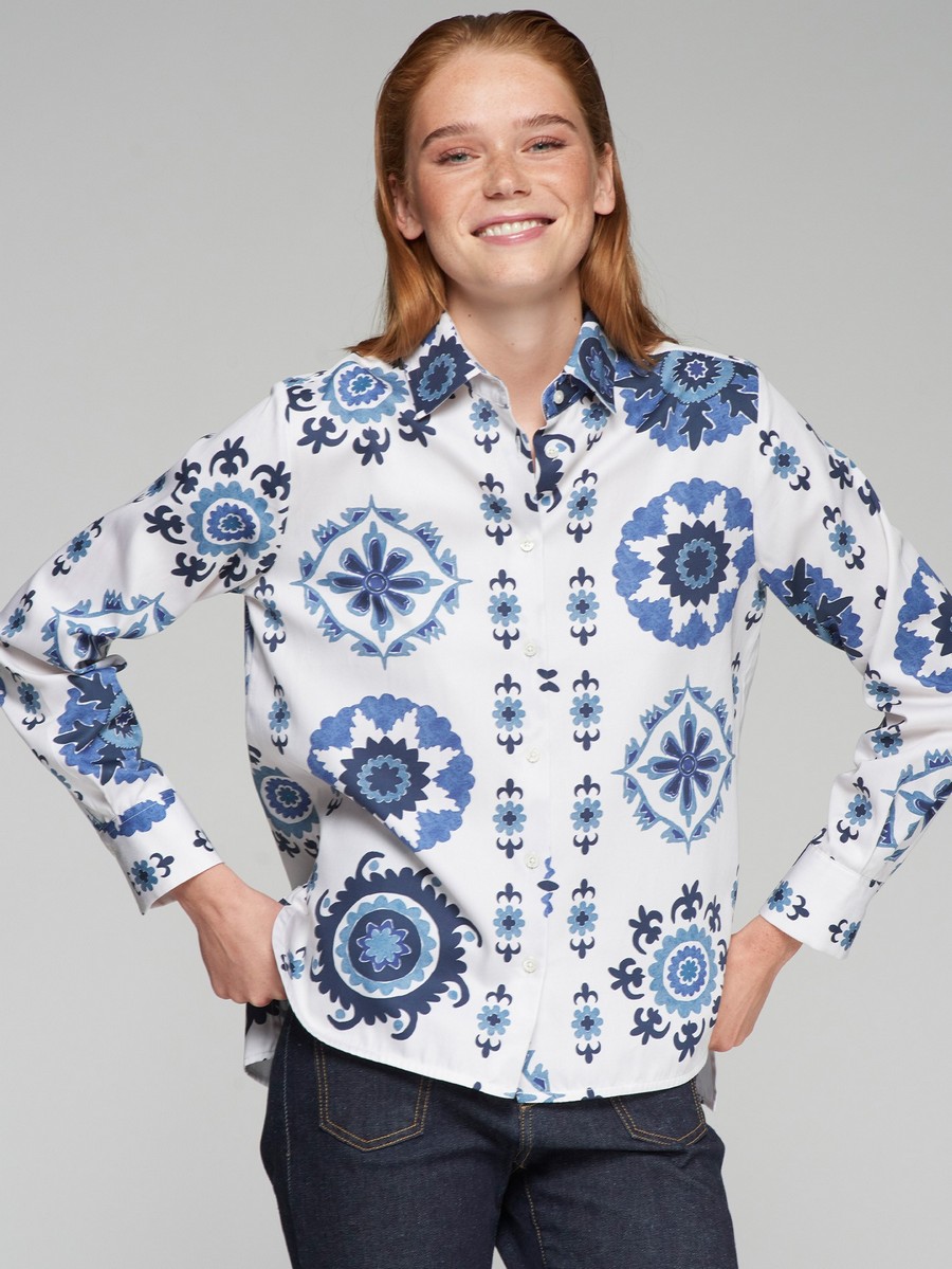 Vilagallo Vilagallo Γυναικείο Πουκάμισο Βαμβακερό με Suzani Rosette Print Regular Fit σε Λευκό