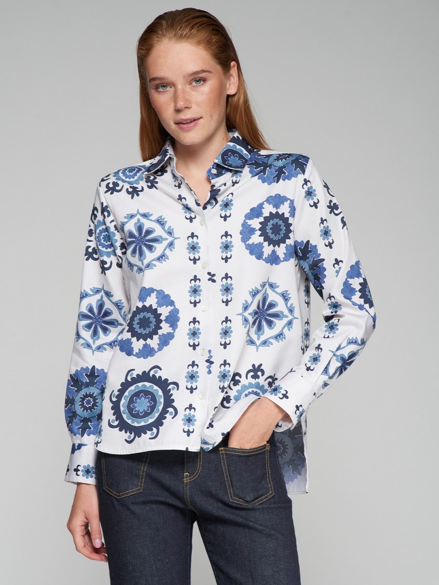 Vilagallo Γυναικείο Πουκάμισο Βαμβακερό με Suzani Rosette Print Regular Fit σε Λευκό φωτογραφία