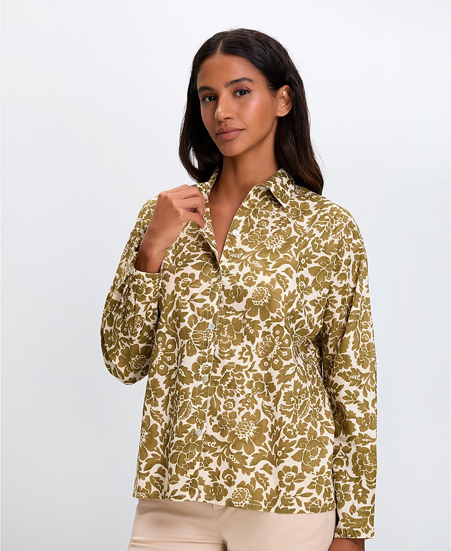 Colores Γυναικείο Πουκάμισο Βαμβακερό με Φλοράλ Μοτίβο Relaxed Fit σε Χακί