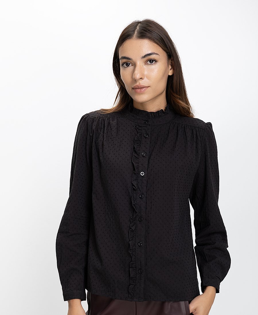 Luna Llena Luna Llena Γυναικείο Βαμβακερό Πουκάμισο Regular Fit Με Βολάν Και Ψηλό Γιακά