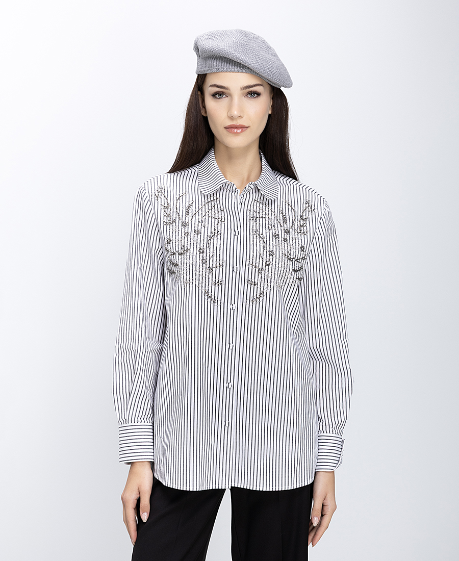 Elena Miro Elena Miro Γυναικείο Βαμβακερό Ριγέ Πουκάμισο Με Κεντημένες Λεπτομέρειες
