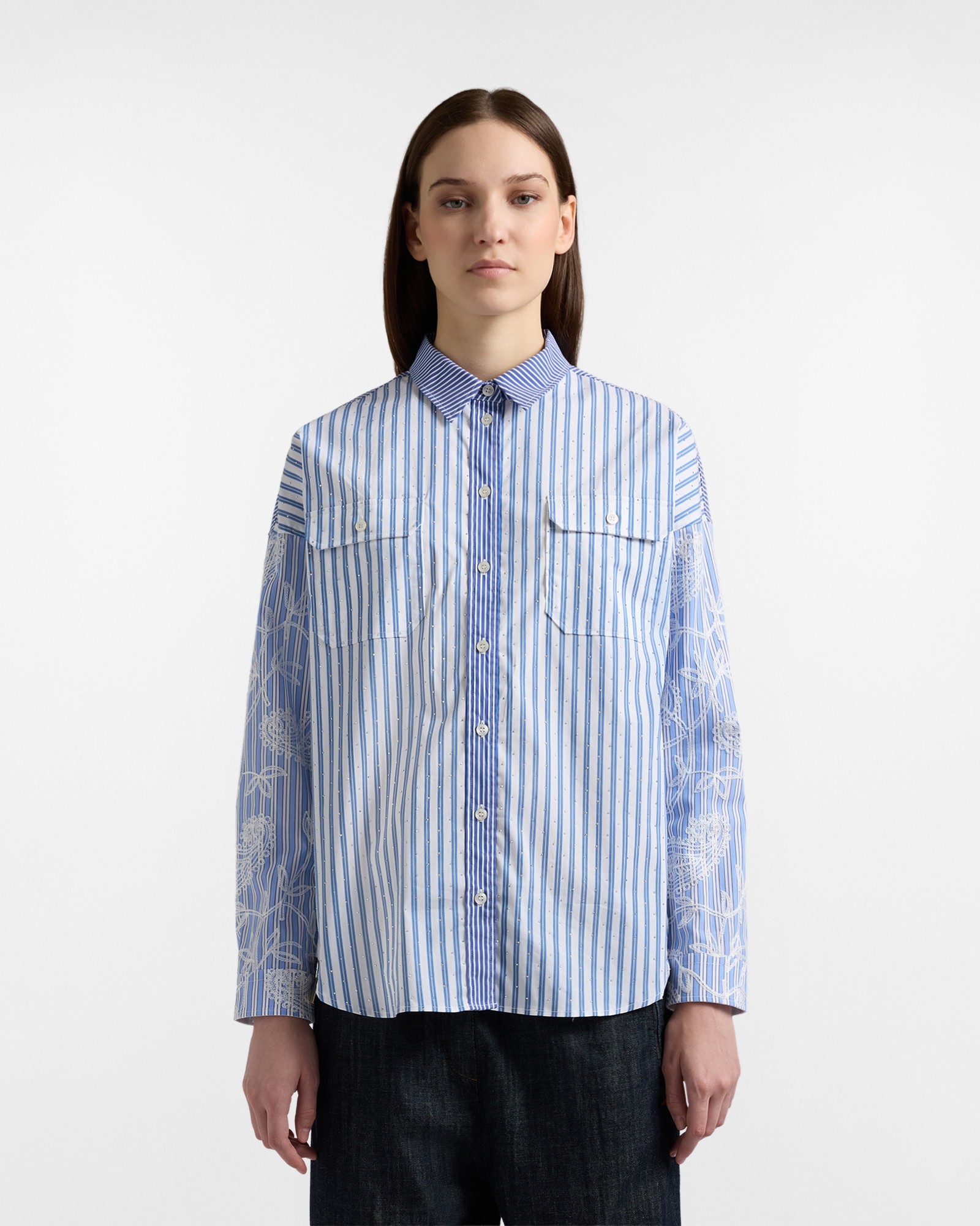 Harmont & Blaine Γυναικείο Πουκάμισο Oversized Με Ριγέ Σχέδιο Και Κέντημα Στα Μανίκια