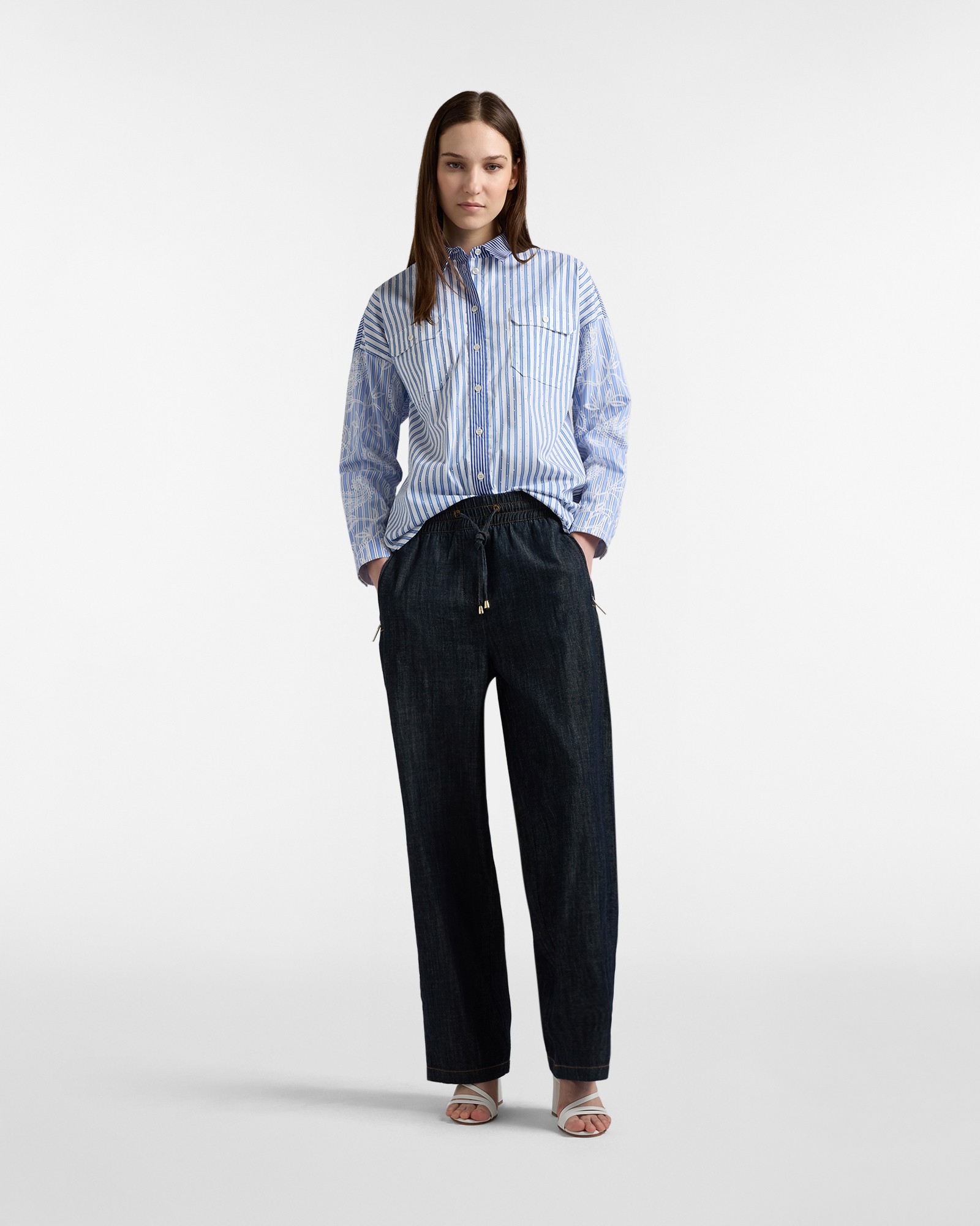 Harmont & Blaine Γυναικείο Πουκάμισο Oversized Με Ριγέ Σχέδιο Και Κέντημα Στα Μανίκια