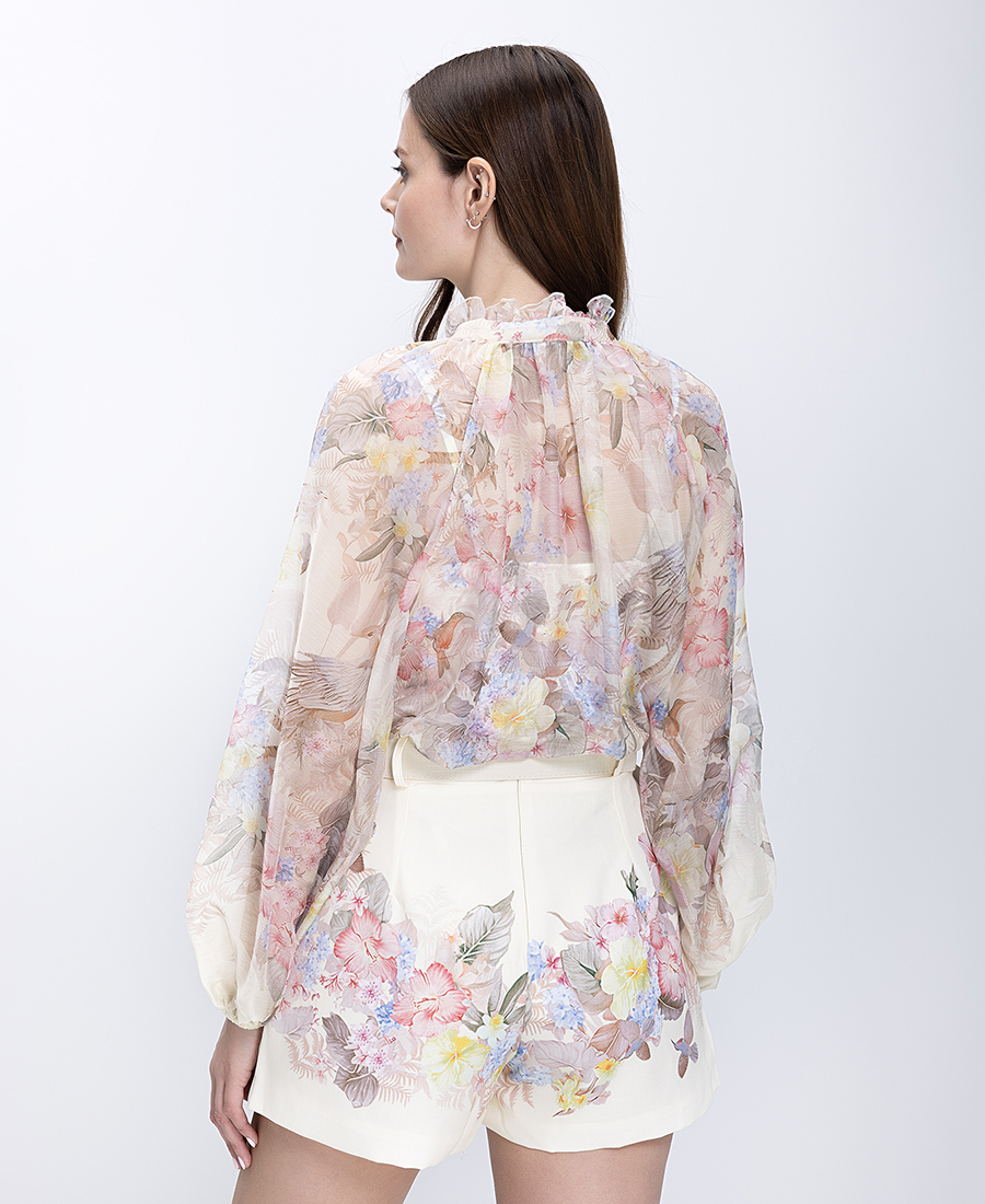 Paper Lace Γυναικείο Πουκάμισο Κανονική Γραμμή Με Δέσιμο Στον Λαιμό Και Floral Print φωτογραφία