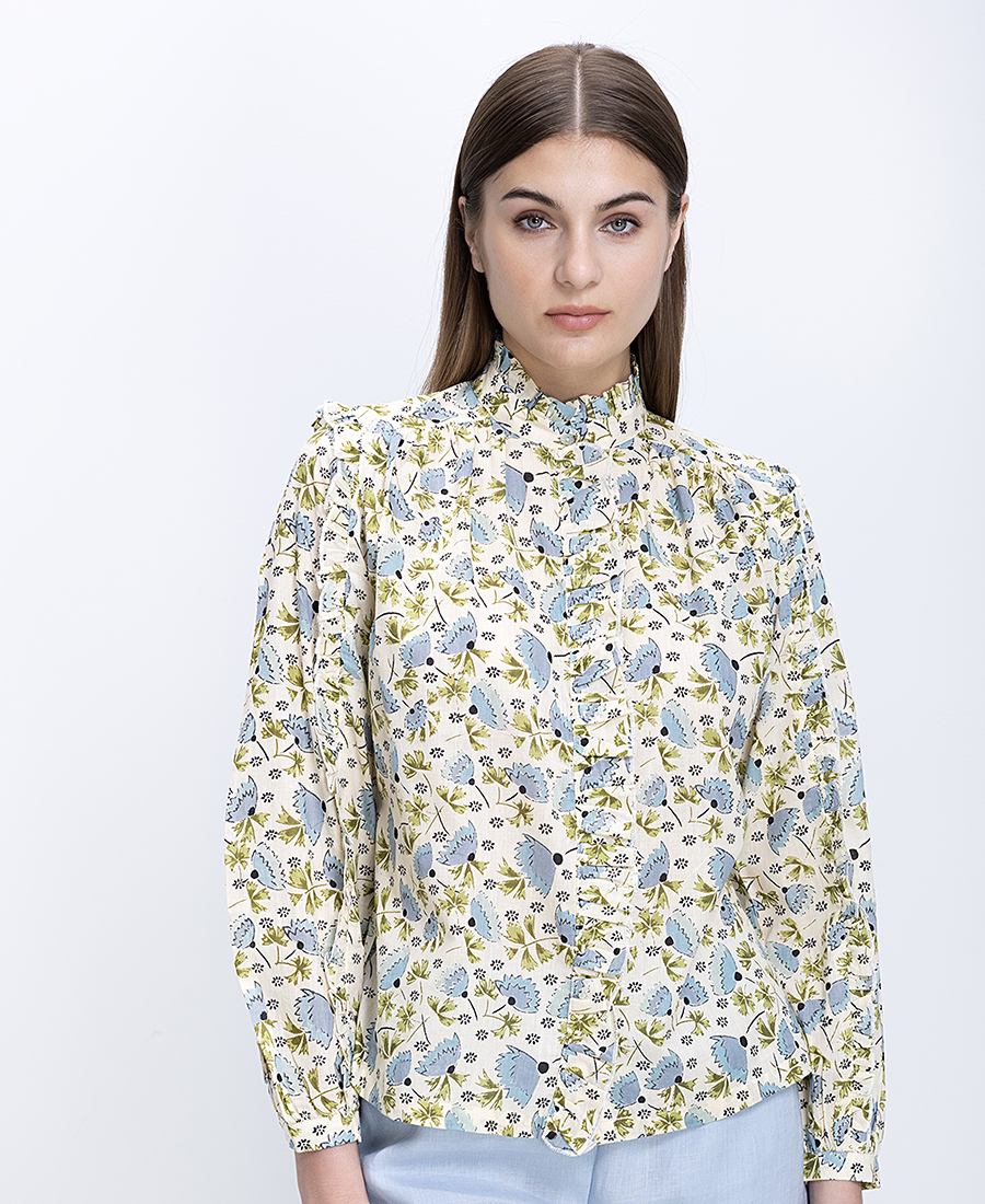 Colores Γυναικείο Βαμβακερό Πουκάμισο Με Floral Σχέδιο Και Ψηλό Λαιμό