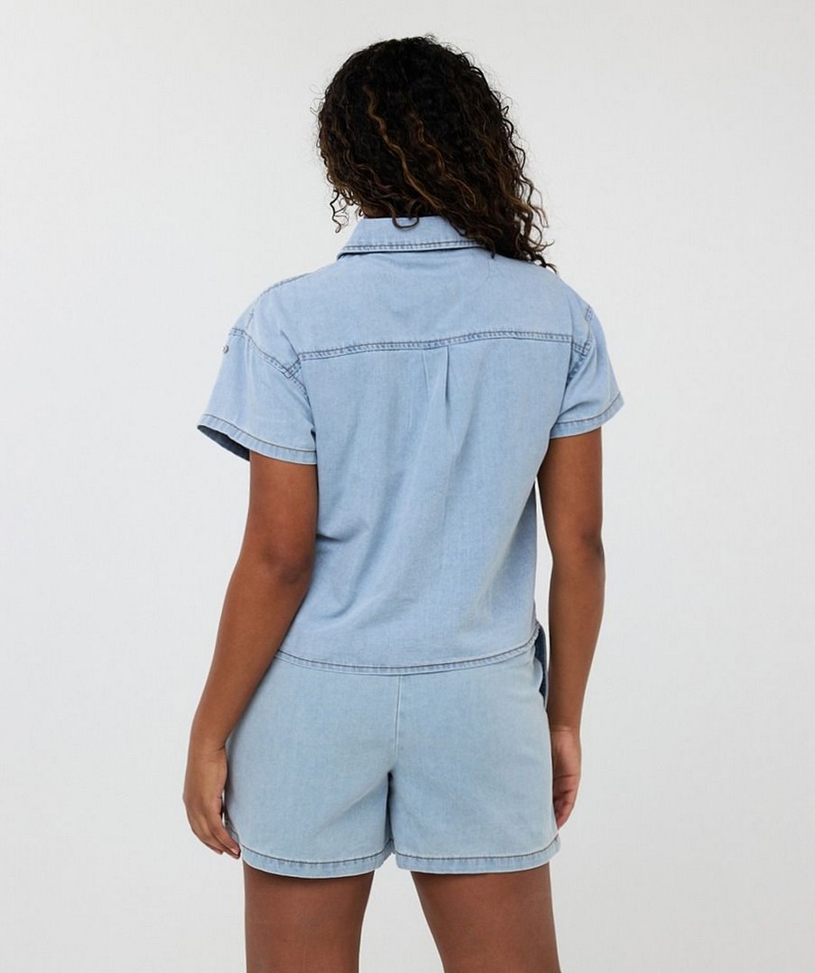 EsQualo Γυναικείο Τζιν Πουκάμισο Cropped Βαμβακερό με Τρουκς και Στρας φωτογραφία