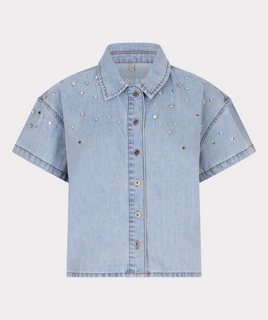 EsQualo Γυναικείο Τζιν Πουκάμισο Cropped Βαμβακερό με Τρουκς και Στρας φωτογραφία