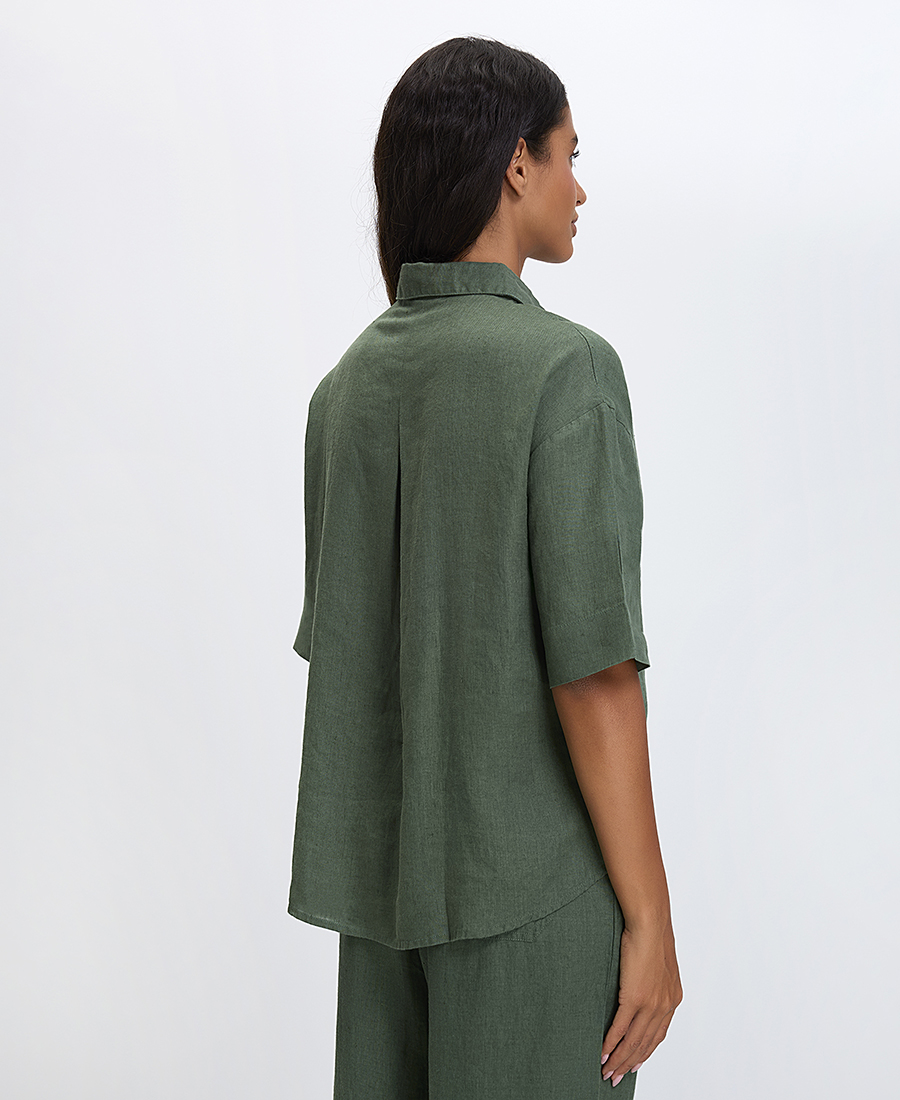 Γυναικείο Πουκάμισο Λινό με Κοντό Μανίκι Regular Fit σε Πράσινο φωτογραφία