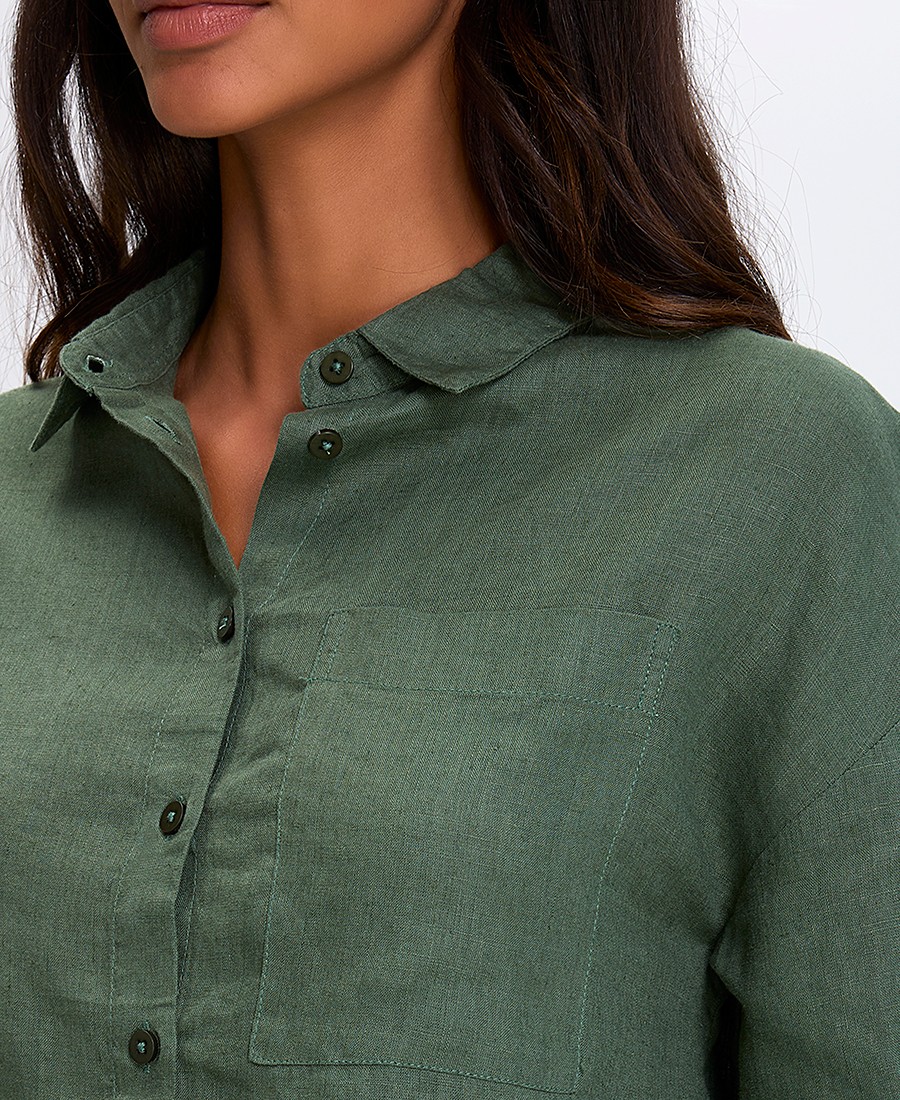 Γυναικείο Πουκάμισο Λινό με Κοντό Μανίκι Regular Fit σε Πράσινο φωτογραφία