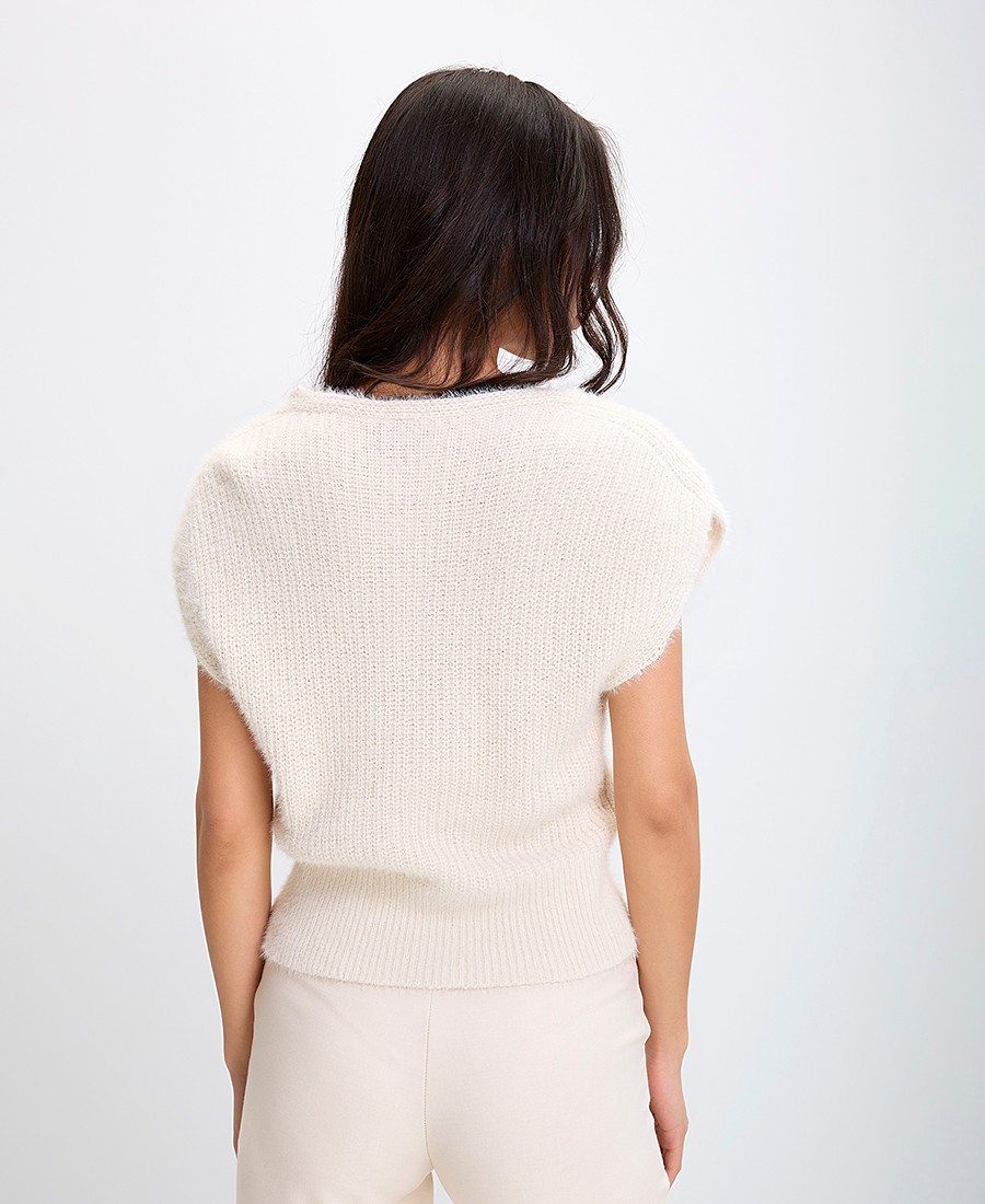 Monari Γυναικείο Πλεκτό Top με V Ντεκολτέ και Χνουδωτή Υφή Regular Fit σε Ιβουάρ φωτογραφία