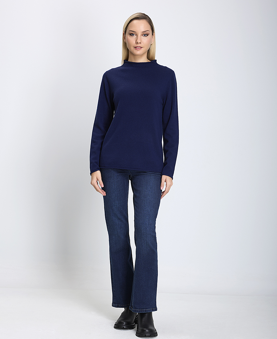 Γυναικείο Πλεκτό Μαλλί (Merino) Ψηλή Λαιμοκόψη Regular Fit Μπλε φωτογραφία