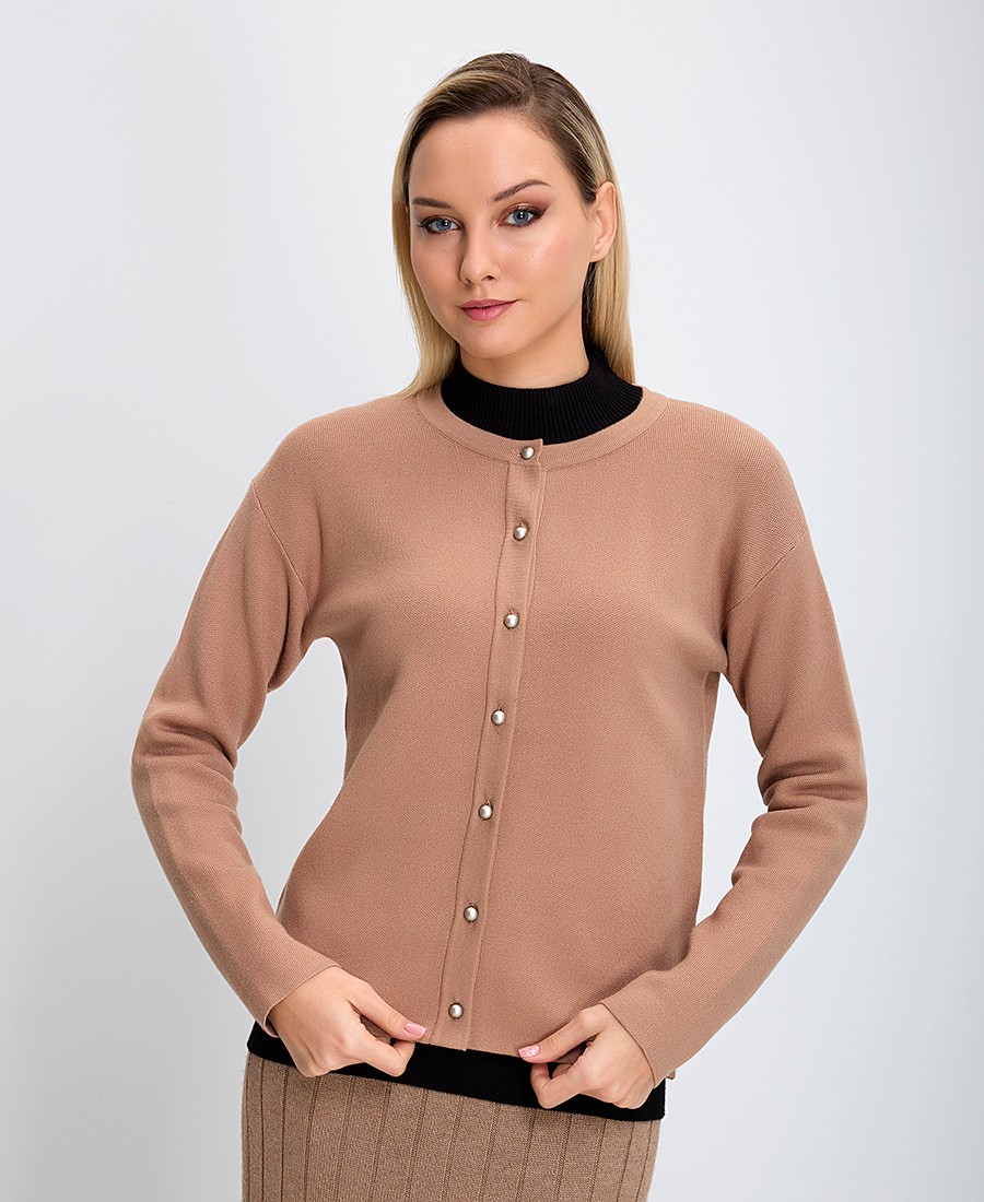 Γυναικεία Πλεκτή Ζακέτα με Λαιμόκοψη Regular Fit Καμηλό φωτογραφία