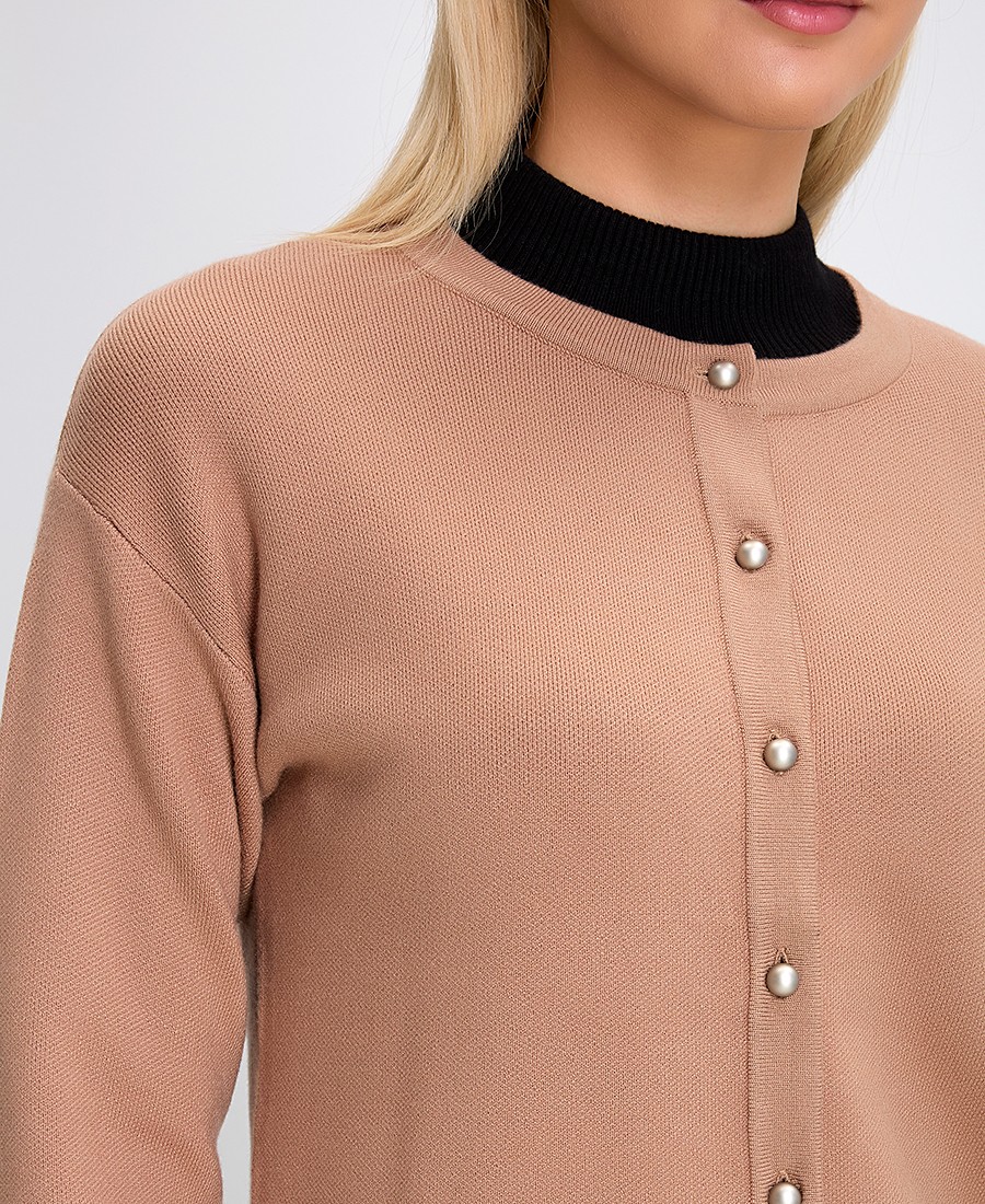 Γυναικεία Πλεκτή Ζακέτα με Λαιμόκοψη Regular Fit Καμηλό φωτογραφία