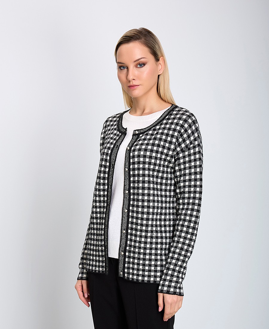 Clarina Γυναικεία Πλεκτή Ζακέτα με Λαιμόκοψη Regular Fit Εμπριμέ Καρό Ασπρόμαυρη
