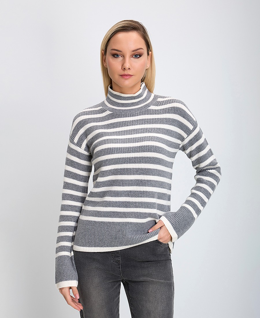 The Fashion People Γυναικείο Πλεκτό Ημιζιβάγκο Regular Fit Ριγέ Γκρι