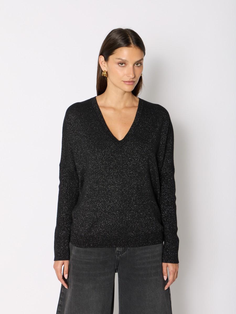 Berenice Berenice Γυναικείο Πλεκτό Πουλόβερ Κασμίρ Με V Ντεκολτέ Και Στρας Μαύρο