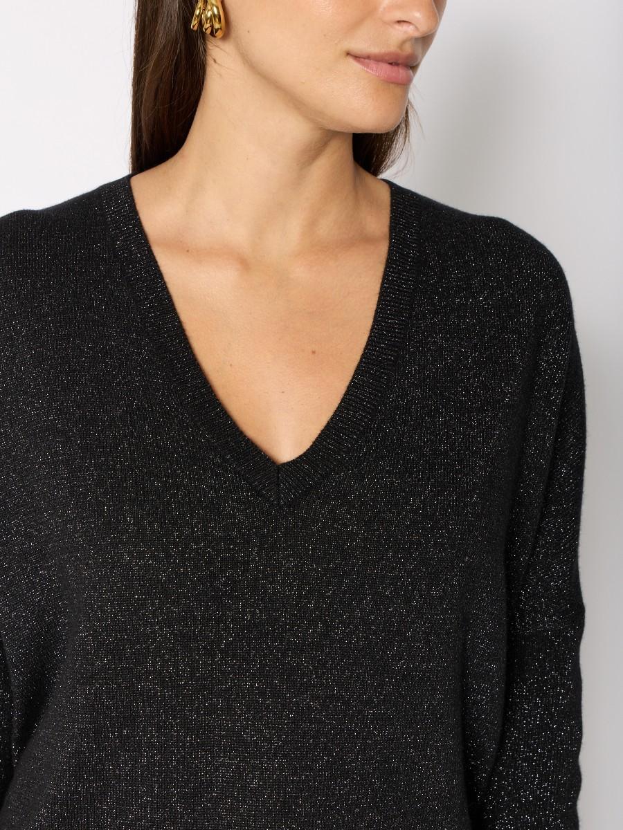 Berenice Γυναικείο Πλεκτό Πουλόβερ Κασμίρ Με V Ντεκολτέ Και Στρας Μαύρο φωτογραφία