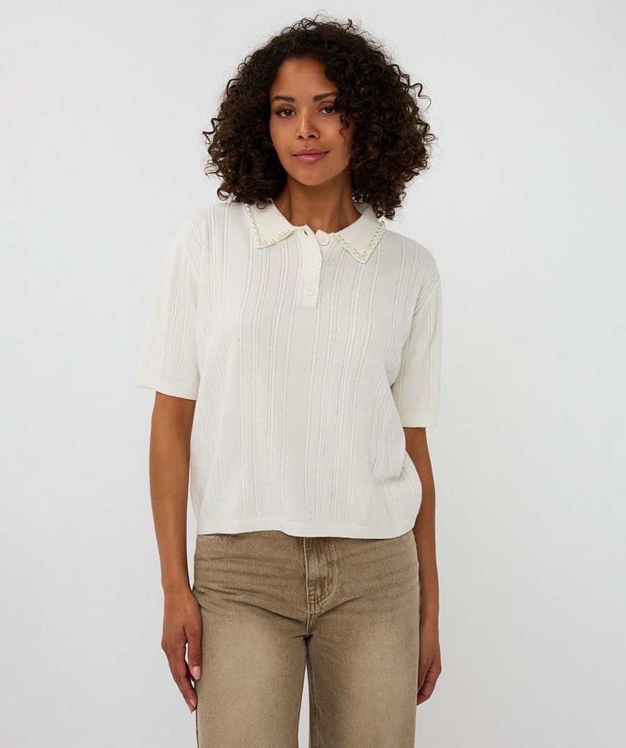 EsQualo Γυναικεία Πλεκτή Μπλούζα Με Μαργαριταρένιο Γιακά Regular Fit