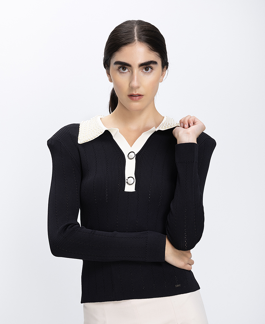 Gaudi Γυναικεία Μπλούζα Rib Με Διακοσμητικές Πέρλες Slim Fit