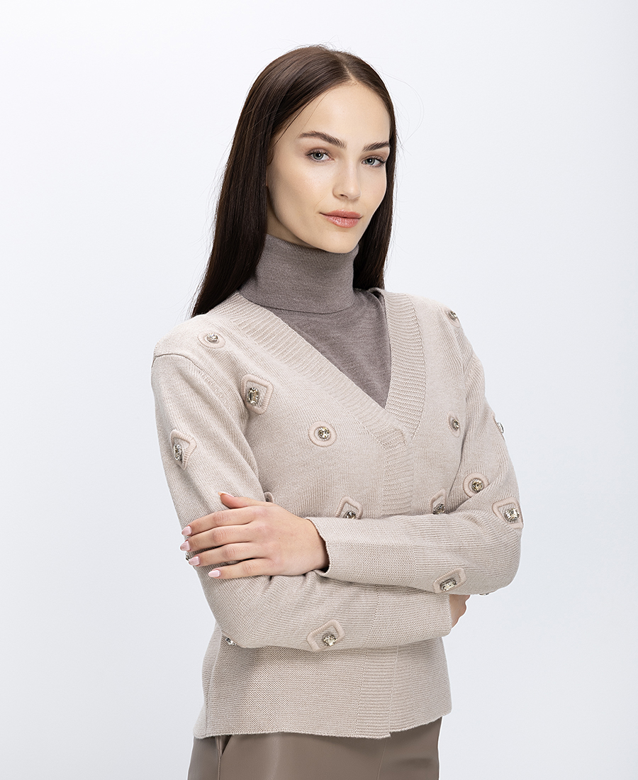 Luckylu Luckylu Γυναικεία Πλεκτή Μπλούζα V Neck Με Διακοσμητικές Πέτρες