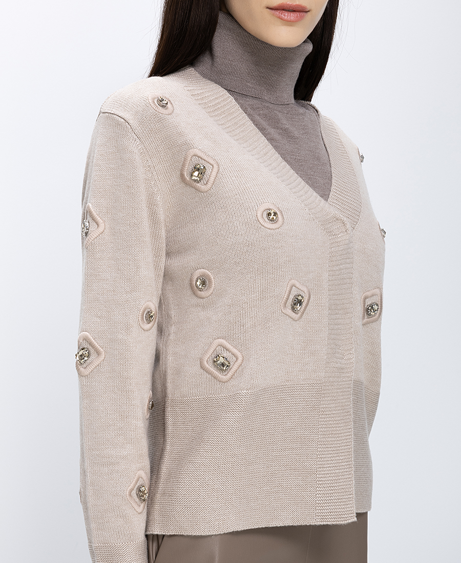 Luckylu Γυναικεία Πλεκτή Μπλούζα V Neck Με Διακοσμητικές Πέτρες φωτογραφία