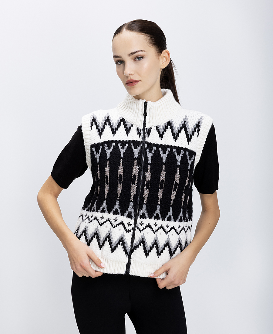 Pho Firenze Γυναικείο Πλεκτό Γιλέκο Με Φερμουάρ Και Ζακάρ Σχέδιο