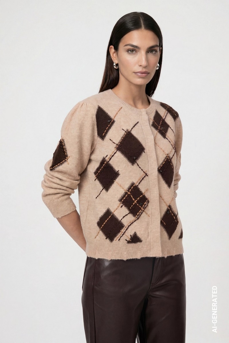 Monari Monari Γυναικεία Cappuccino Melange Καρό Πλεκτή Ζακέτα Regular Fit Με Μαλλί Strass Και Destroyed Τελείωμα Για Elegant Casual Εμφανίσεις