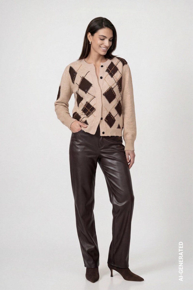Monari Monari Γυναικεία Cappuccino Melange Καρό Πλεκτή Ζακέτα Regular Fit Με Μαλλί Strass Και Destroyed Τελείωμα Για Elegant Casual Εμφανίσεις - 2