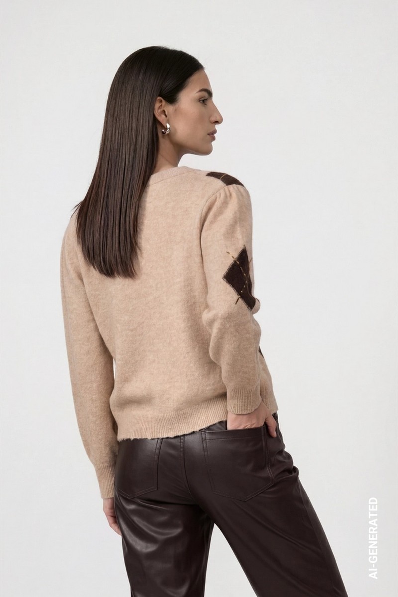 Monari Monari Γυναικεία Cappuccino Melange Καρό Πλεκτή Ζακέτα Regular Fit Με Μαλλί Strass Και Destroyed Τελείωμα Για Elegant Casual Εμφανίσεις - 3