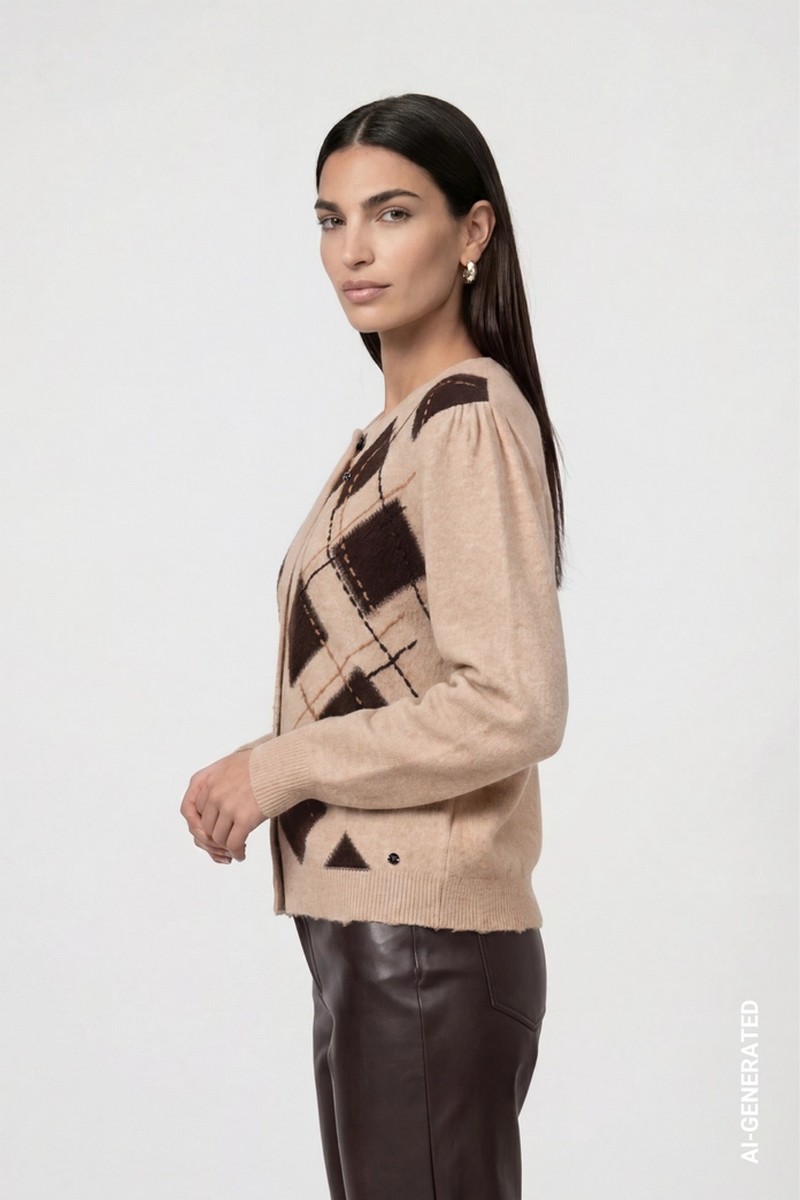 Monari Monari Γυναικεία Cappuccino Melange Καρό Πλεκτή Ζακέτα Regular Fit Με Μαλλί Strass Και Destroyed Τελείωμα Για Elegant Casual Εμφανίσεις - 4