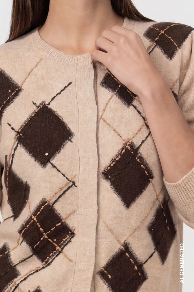 Monari Monari Γυναικεία Cappuccino Melange Καρό Πλεκτή Ζακέτα Regular Fit Με Μαλλί Strass Και Destroyed Τελείωμα Για Elegant Casual Εμφανίσεις - 5