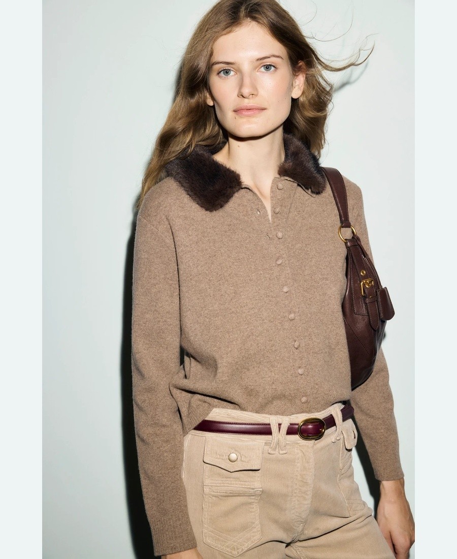 Gerard Darel Gerard Darel Γυναικεία Μάλλινη Ζακέτα Νε Αποσπώμενο Γούνινο Γιακά Για Smart Casual Εμφανίσεις