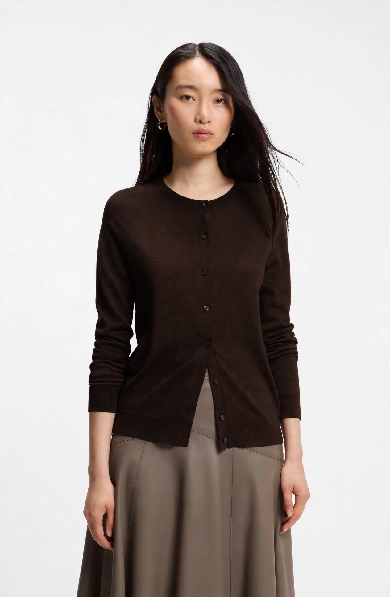 Boss Boss Γυναικεία Καφέ Μάλλινη Merino Πλεκτή Ζακέτα Για Smart Casual Εμφανίσεις