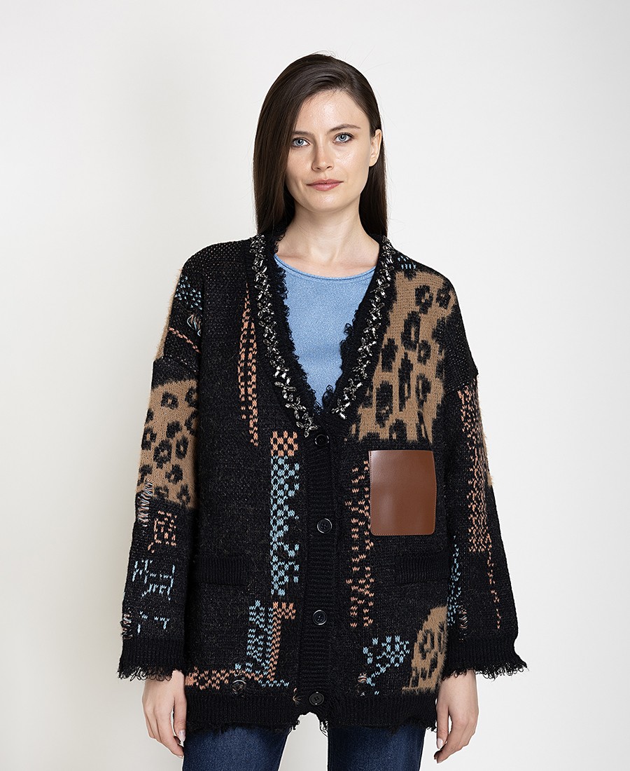 Paper Lace Γυναικεία Εμπριμέ Πλεκτή Ζακέτα Με Animal Print Και Διακοσμητικές Πέτρες Για Statement All-Day Εμφανίσεις