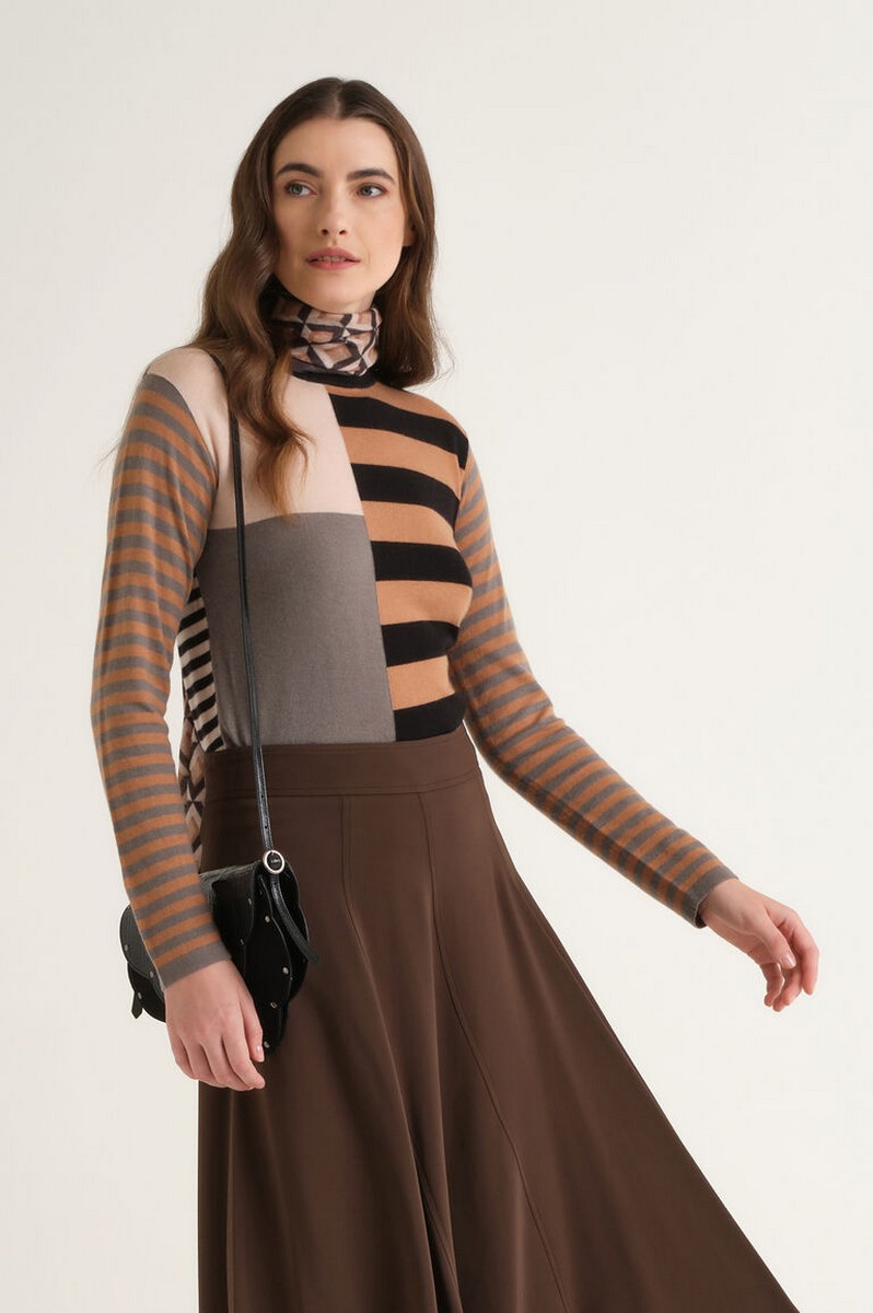 Maliparmi Maliparmi Γυναικείο Camel Color Block Πλεκτό Πουλόβερ Regular Fit Με Intarsia Ρίγες Viscose Blend Και Μαλλί Για Elegant Casual Εμφανίσεις